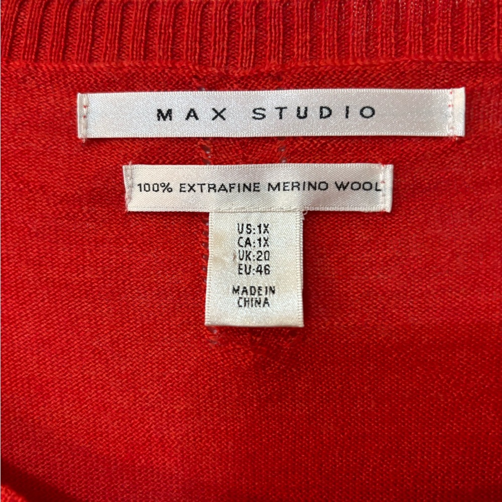 Max Studio Red 100% Extra Fine Merino Wool Soft Casual Long Sleeve Sweater Sz 1X - Picture 2 of 11